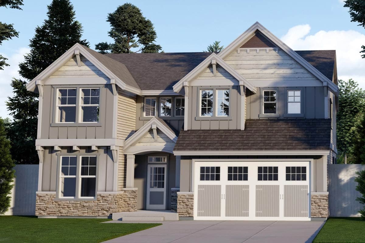 House plan exterior. Two-story Craftsman home with gabled roof, stone accents, and two-car garage. Features multiple gables and a covered porch.