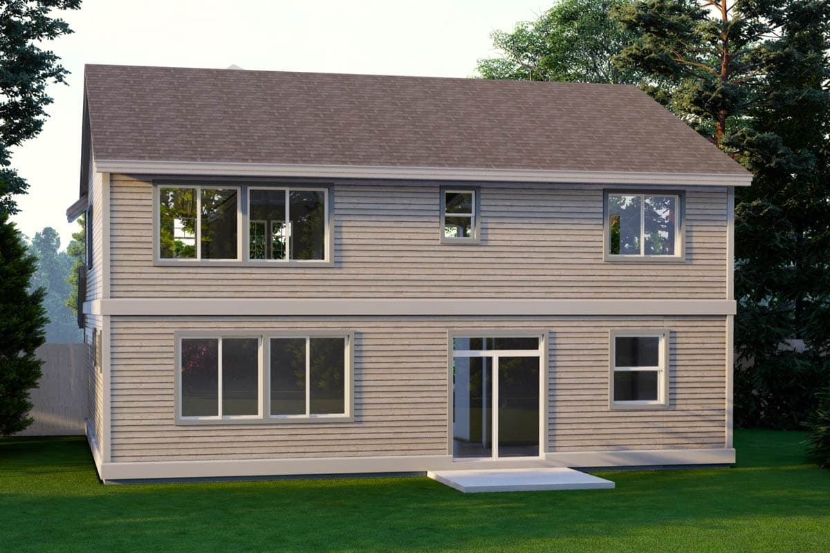 Two-story house plan exterior with horizontal siding, multiple windows, and a glass sliding door leading to a patio.