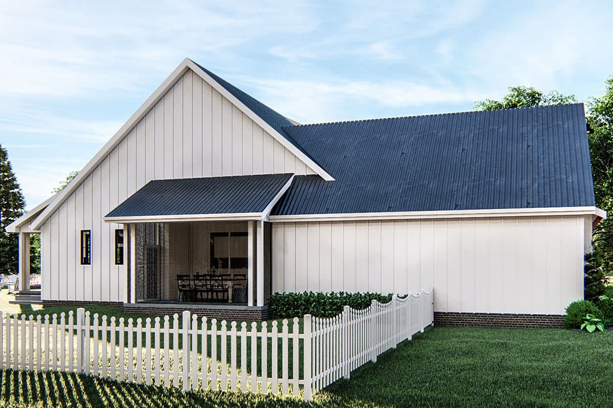 Modern Farmhouse house plan exterior with white vertical siding, gable roof, dark metal roof, and covered porch.