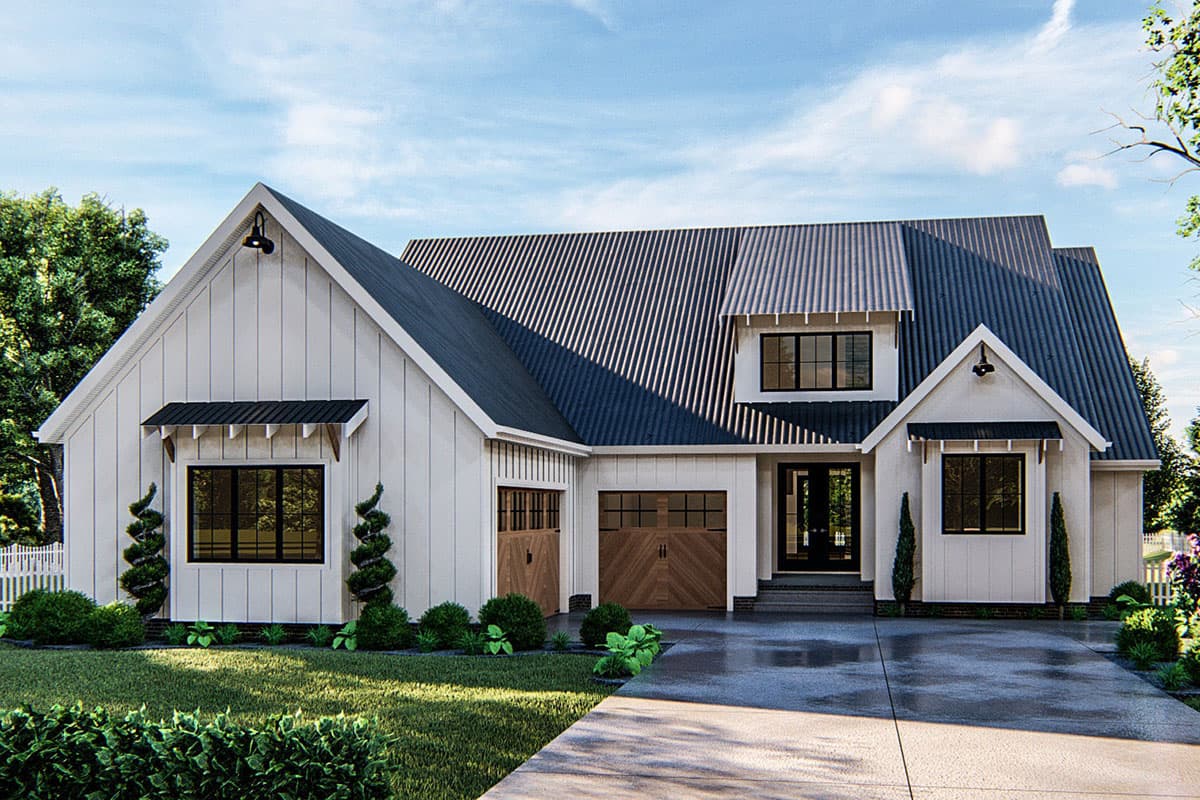 Modern Farmhouse house plan exterior with board and batten siding, two stories, gable roof, dormers, and attached garage.