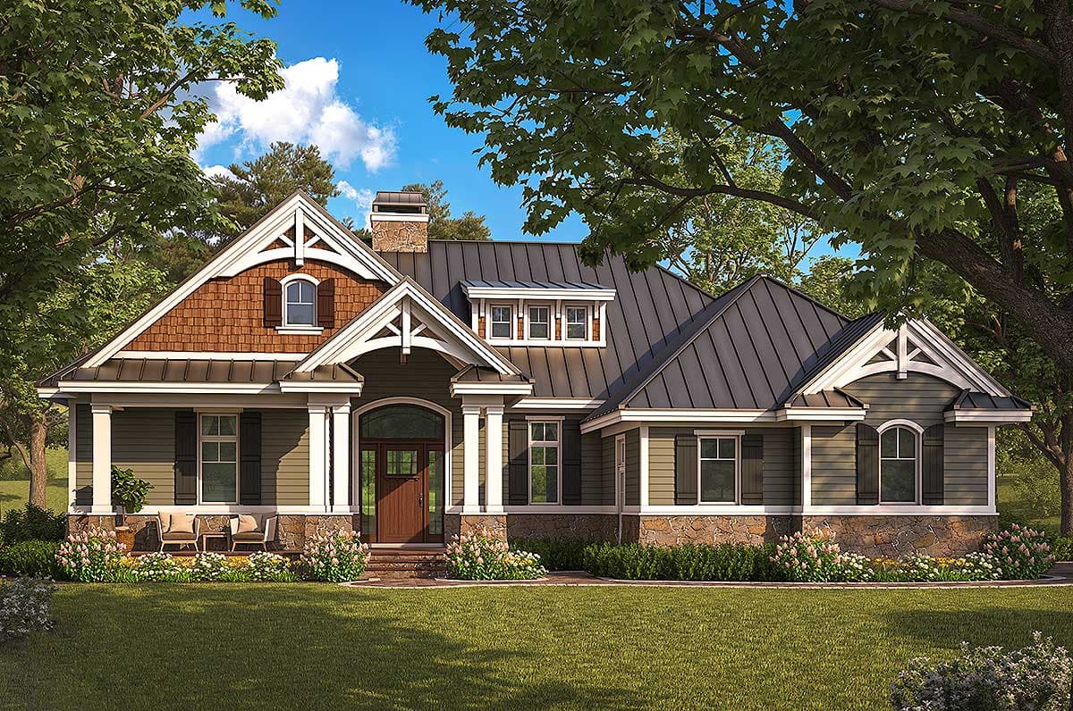 House plan exterior with Craftsman style, single story, and multiple gables. Features include a front porch, dormers, and stone accents.
