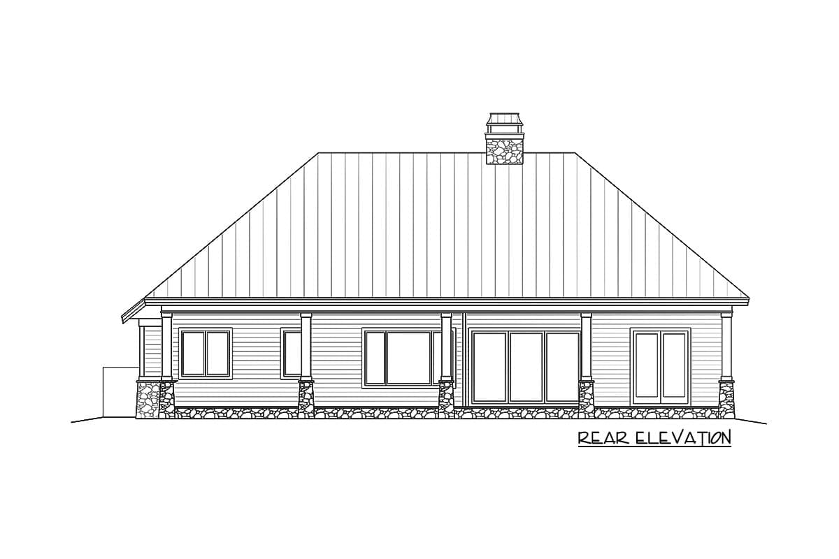 Rear elevation house plan with metal roof, stone foundation, multiple windows, sliding doors, and chimney.