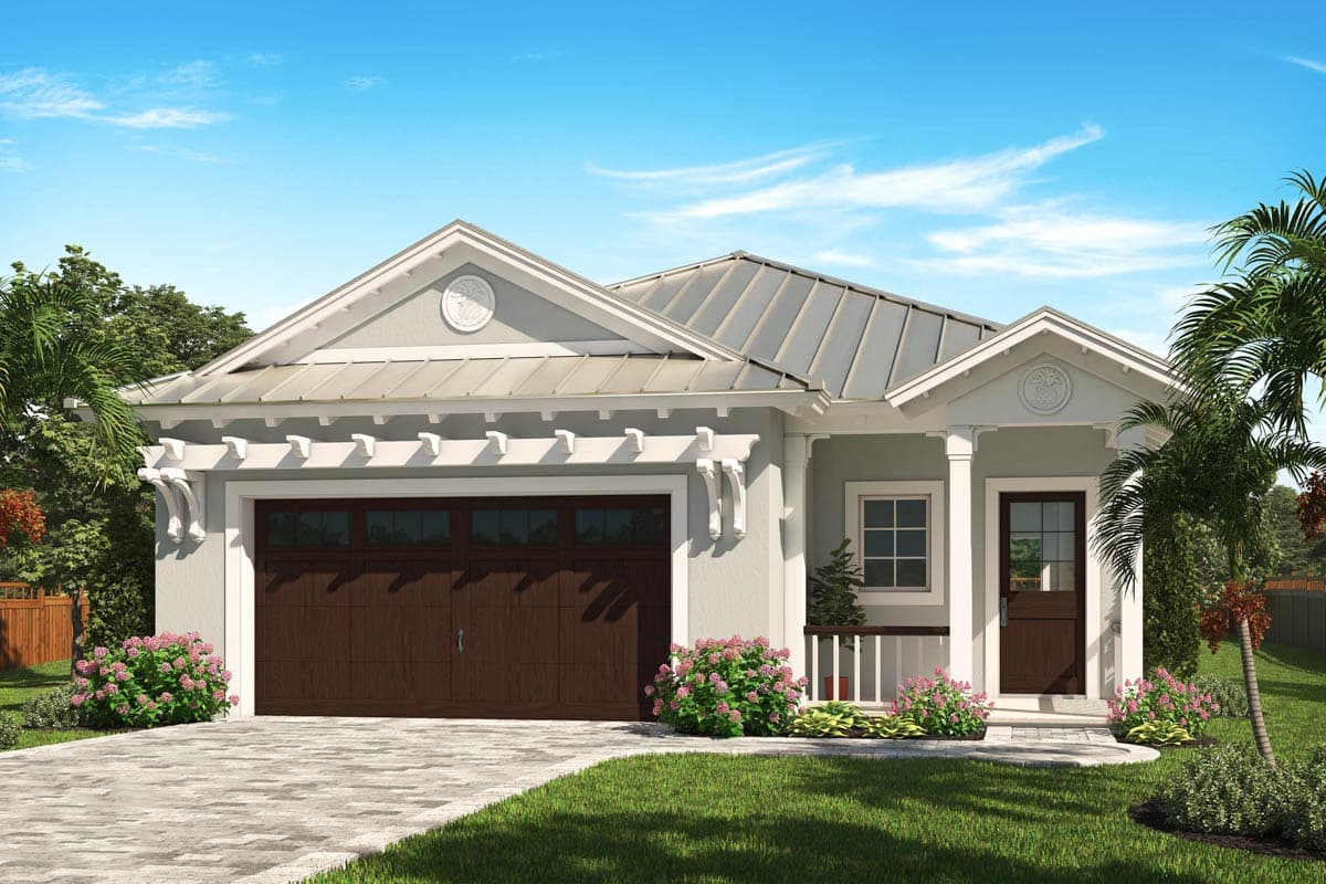 House plan exterior. One-story house with gabled roof, garage with pergola, and covered front porch. Features include a metal roof.