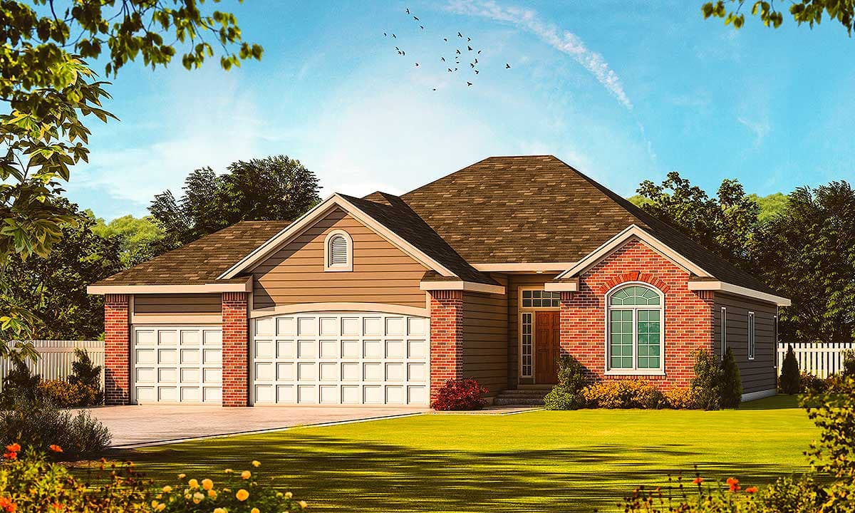 House plan exterior with brick accents, two-car garage, and a gable roof with dormers. One-story home with an arched window above the front door.