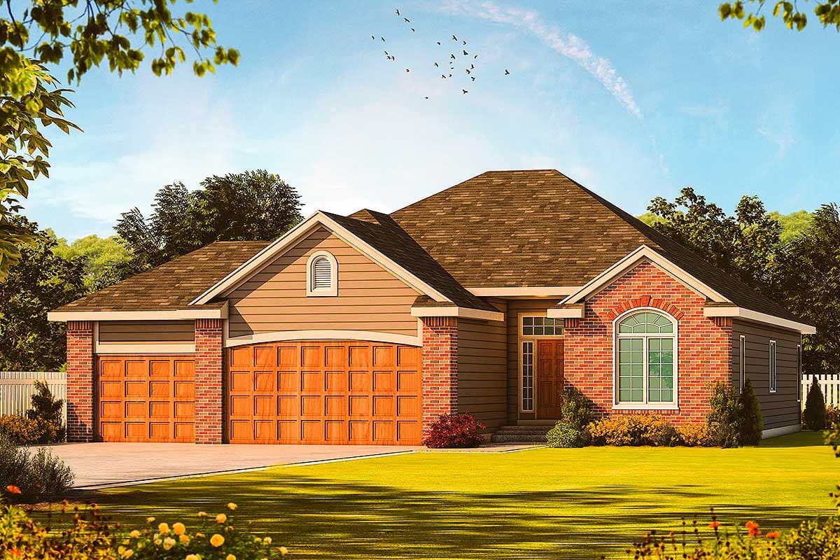 House plan exterior: One-story ranch with brick accents, a three-car garage, and a prominent arched window.