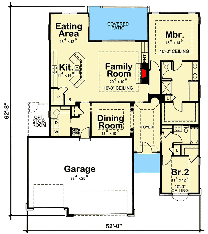 Plan 42500DB: 2 Bed House Plan with Sunroom - Floor Plan - Main Level - Traditional