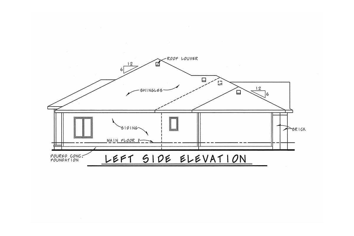 Left side elevation drawing of a house plan showing siding, shingles, brick accents, and poured concrete foundation.