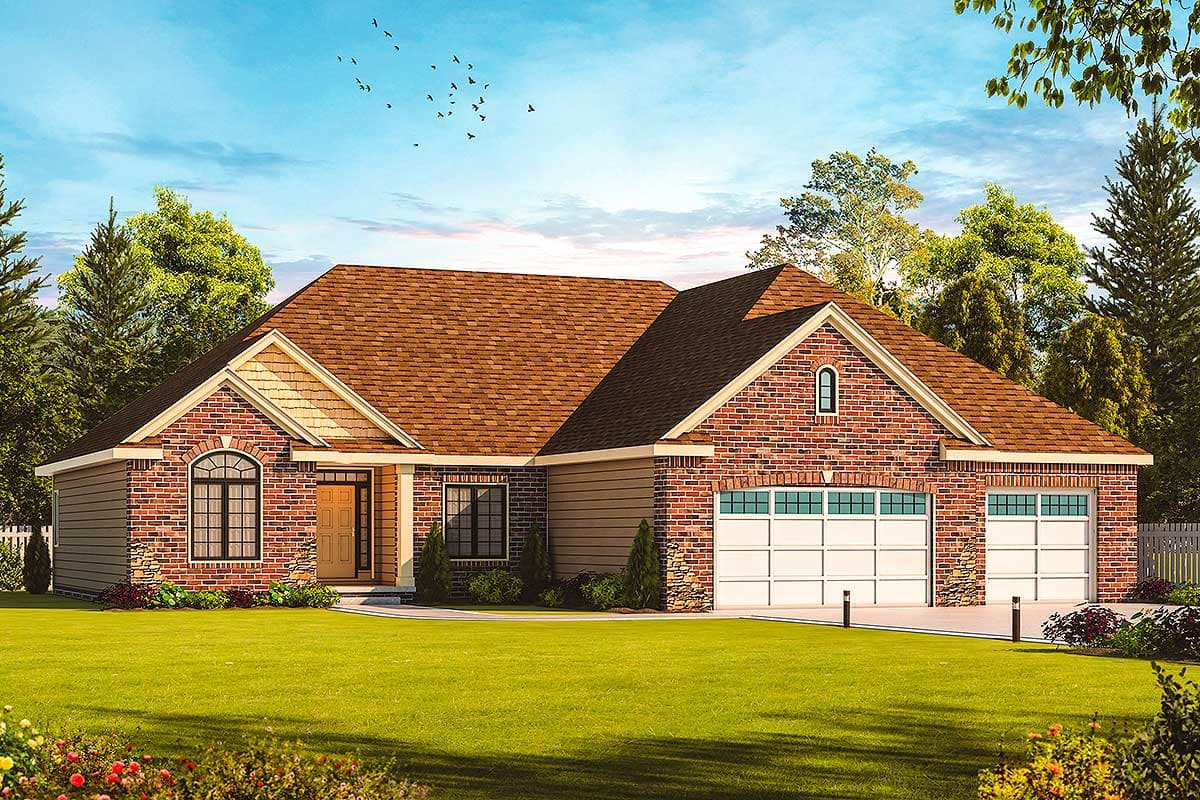 House plan exterior featuring a brick facade, gabled roof, and two-car garage. Includes an arched window and decorative details around the front door.