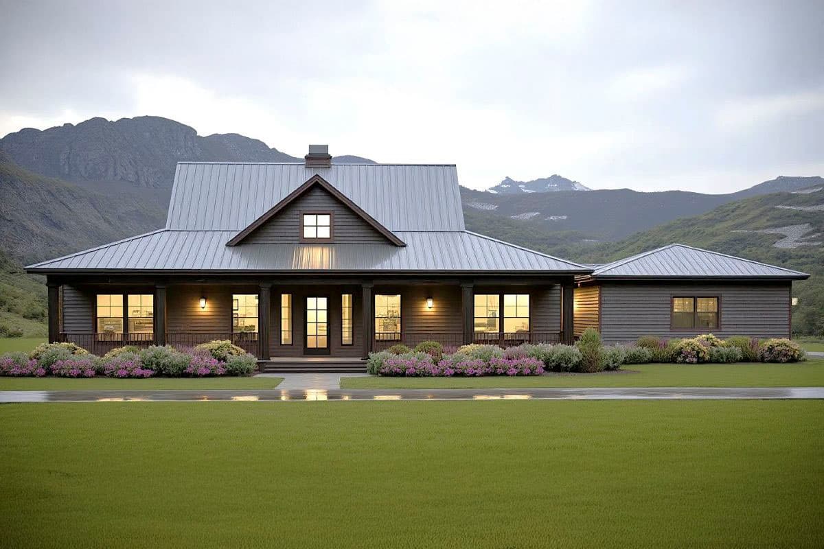 Modern Farmhouse house plan exterior. One story with metal roof, large covered front porch, central gable, and attached garage.