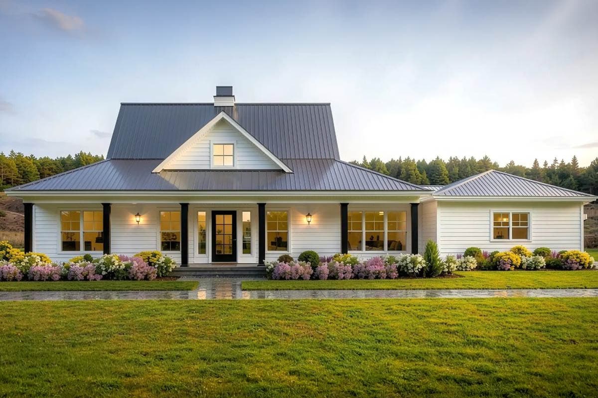 A white farmhouse with a dark metal roof at dusk. It has a porch with lights, flower beds with purple and yellow flowers, and a large lawn.