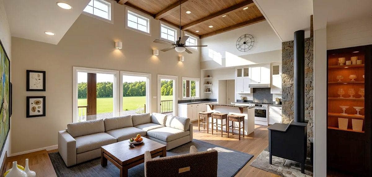 Open concept living area with vaulted wood-beamed ceiling, stone fireplace, large windows, and kitchen island.
