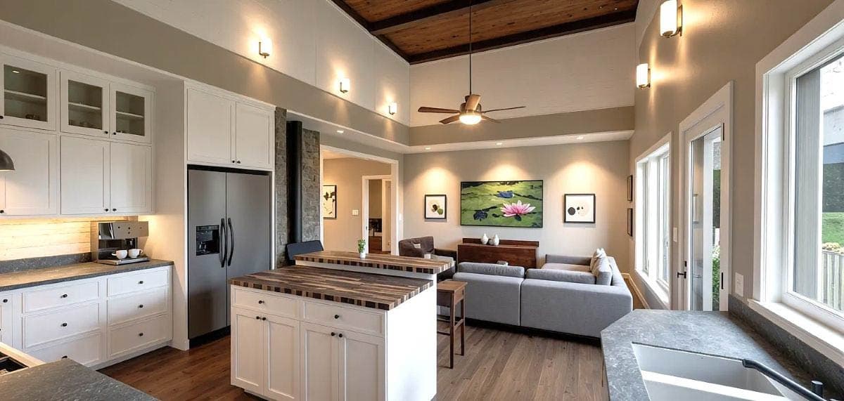 Interior rendering of a great room and kitchen with vaulted wood ceiling, island, and fireplace.