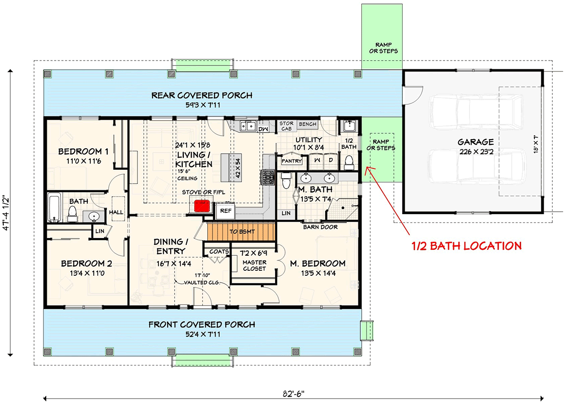 Plan 28914JJ: Splendid Country Farmhouse Home Plan - 1667 Sq Ft - Floor Plan - Main Floor - Basement Version - Country, Farmhouse, New American, Ranch, Southern