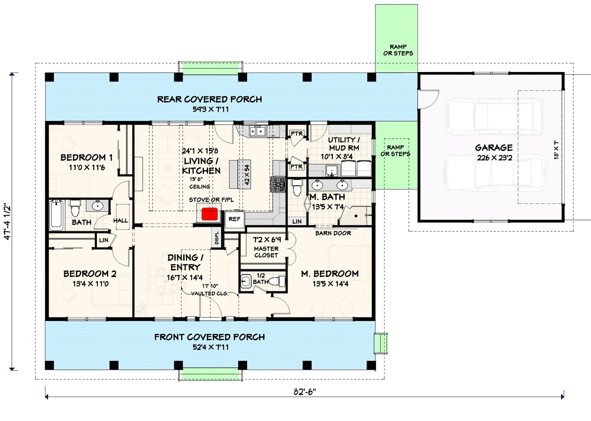 Plan 28914JJ: Splendid Country Farmhouse Home Plan - 1667 Sq Ft - Floor Plan - Main Level - Country, Farmhouse, New American, Ranch, Southern