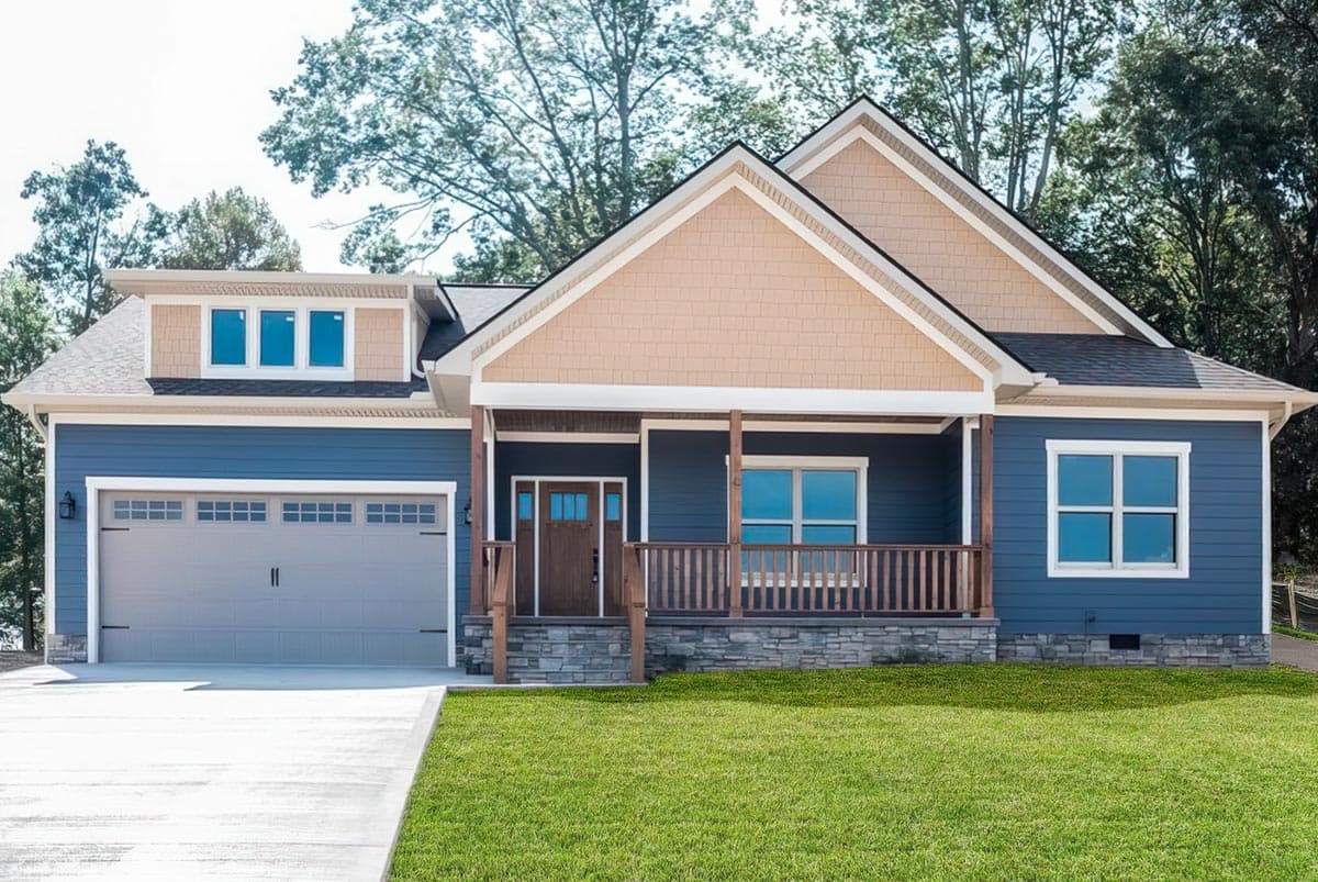 House plan exterior with Craftsman style. Features include a front porch, gables, a dormer, and an attached garage.