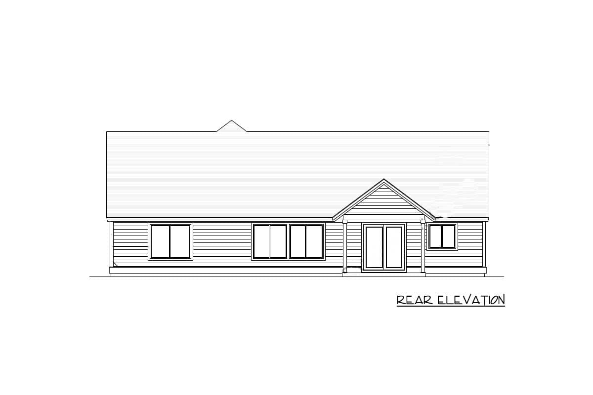 House plan rear elevation showing a single-story building with horizontal siding, a gable roof over double doors, and multiple windows.