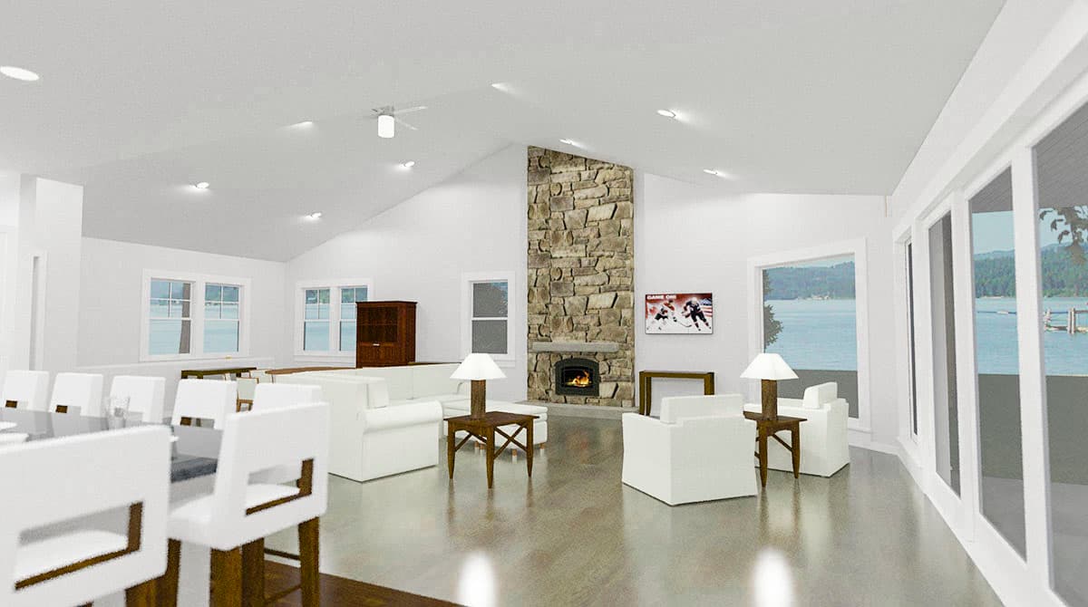 Interior rendering of a great room with vaulted ceiling, stone fireplace, large windows, and dining area.