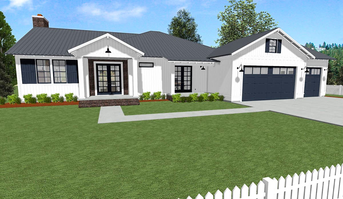 House plan exterior rendering. Features include a one-story, farmhouse style home with a gable roof, covered porch, and attached garage.