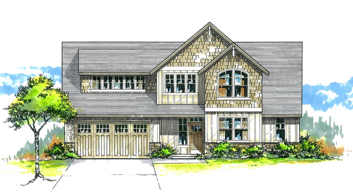 Craftsman style house plan exterior with two-car garage, prominent gable, stone accents, and arched window.