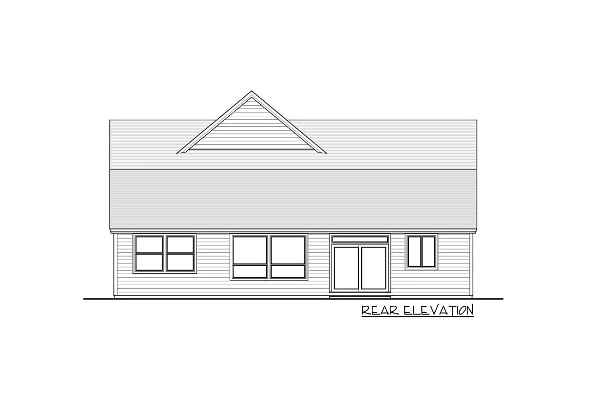 Rear elevation drawing of a one-story house plan with a gable dormer, siding, double doors, and multiple windows.