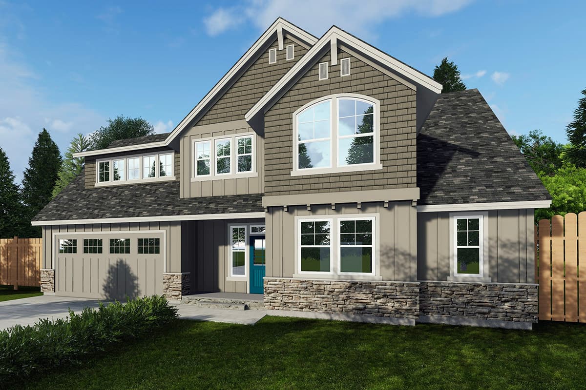 House plan exterior with Craftsman style, two stories, gabled roof, stone accents, and an attached garage.