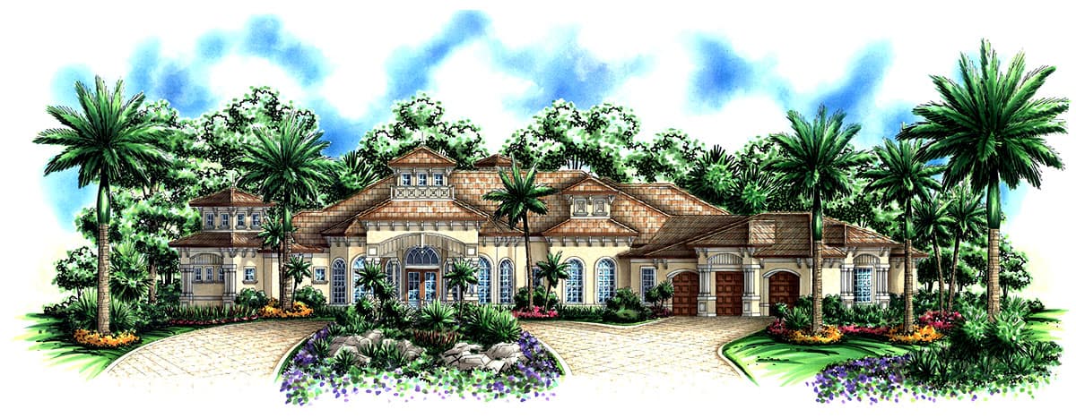 House plan exterior. Two-story Mediterranean-style home with a tile roof, arched entryway, dormers, and attached garage. Landscaped with palms.