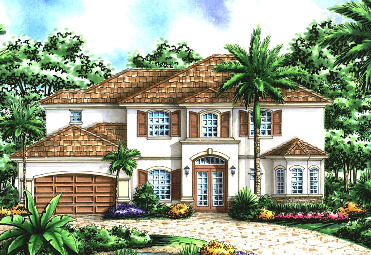 House plan exterior. Two-story Mediterranean style with a tile roof, arched entry, garage with wood doors, and multiple shutters.