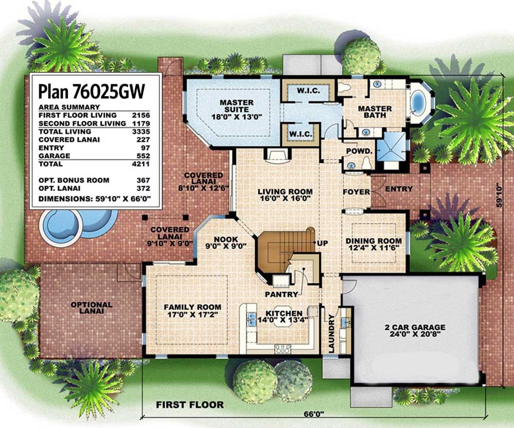 Plan 76025BW: Four Bedrooms and a Study - Floor Plan - Main Level - Florida-Style, Mediterranean
