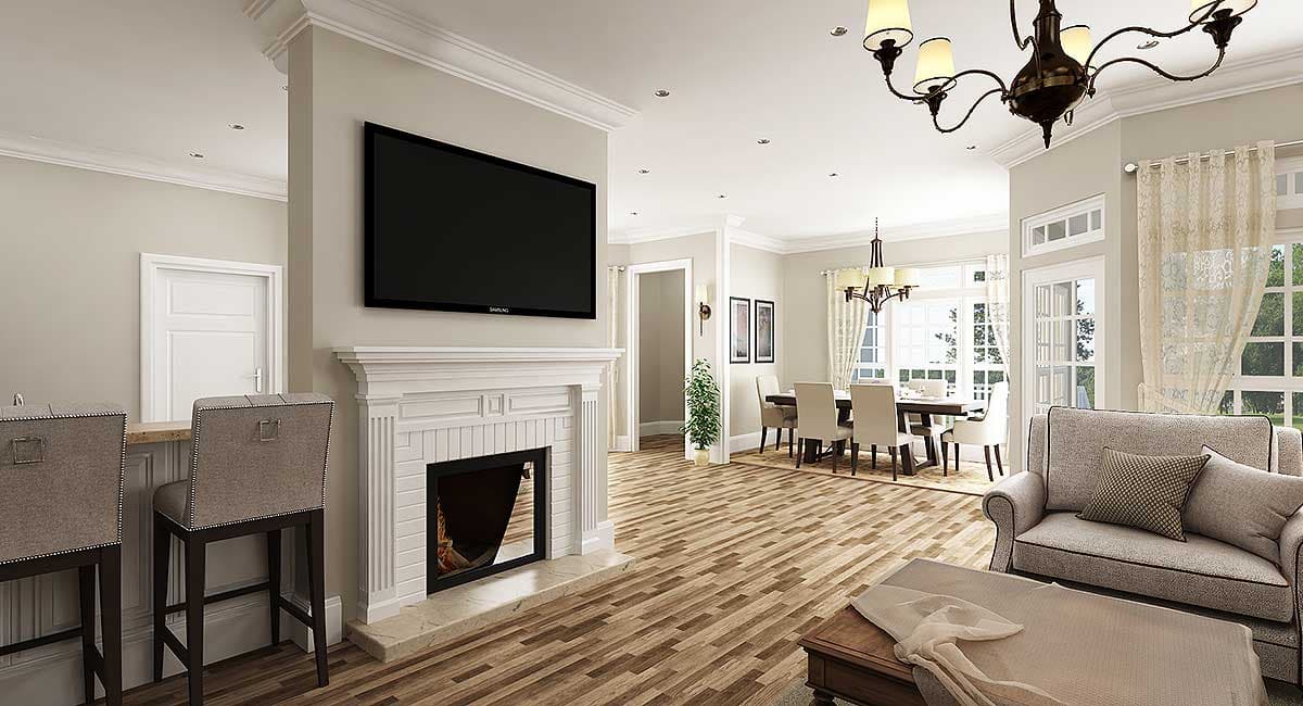 Interior rendering of a great room with fireplace, television, dining area, and seating.