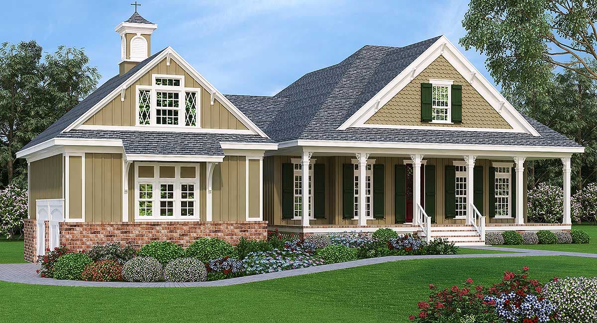 House plan exterior featuring a two-story Craftsman style home with a front porch, gables, dormers, and a prominent roofline.
