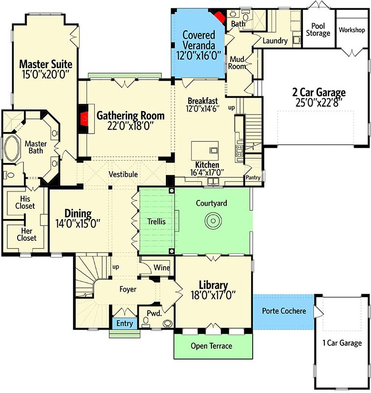 Plan 93095EL: Impressive and Exclusive European House Plan - Floor Plan - Main Level - European, French Country