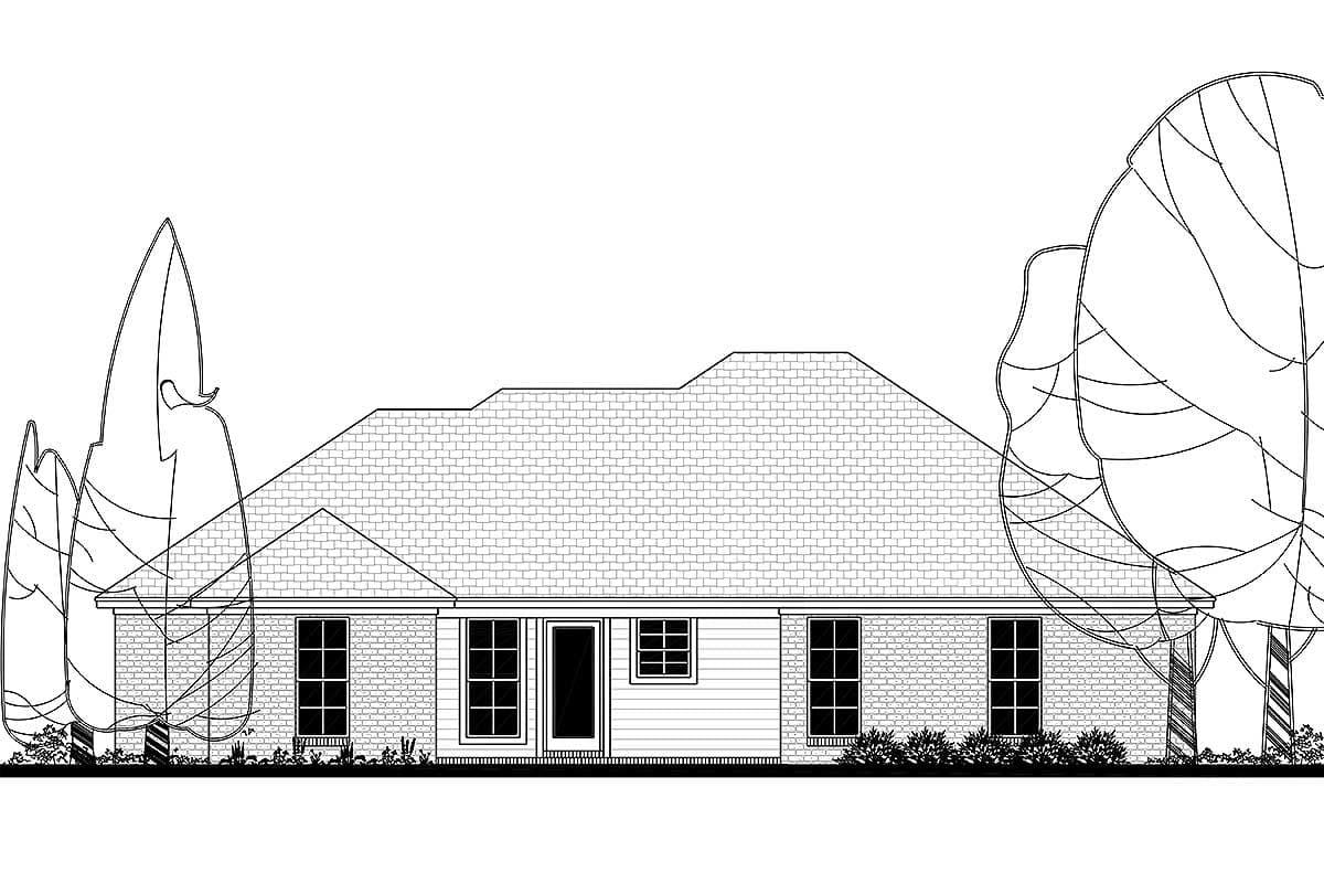 House plan exterior elevation showing a one-story brick home with a prominent hip roof, multiple windows, and a central doorway.