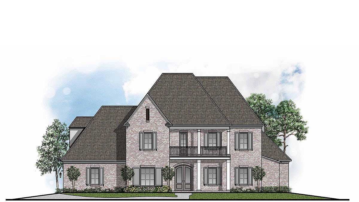 House plan exterior rendering of a two-story brick home with a central gabled dormer, double front doors, and a second-story balcony.