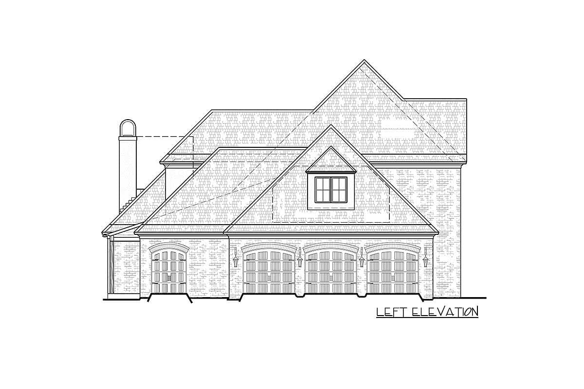 Left elevation drawing of a house plan featuring a multi-gabled roof, arched garage doors, and a dormer.