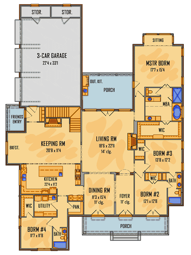 Plan 510002WDY: Welcoming Acadian House Plan with Bonus Over Garage - Floor Plan - Main Level - Acadian, French Country, Louisiana-Style, Southern, Traditional