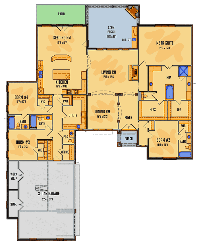 Plan 510003WDY: Elegant Acadian House Plan with Courtyard Garage - Floor Plan - Main Level - Acadian, French Country, Louisiana-Style, Southern