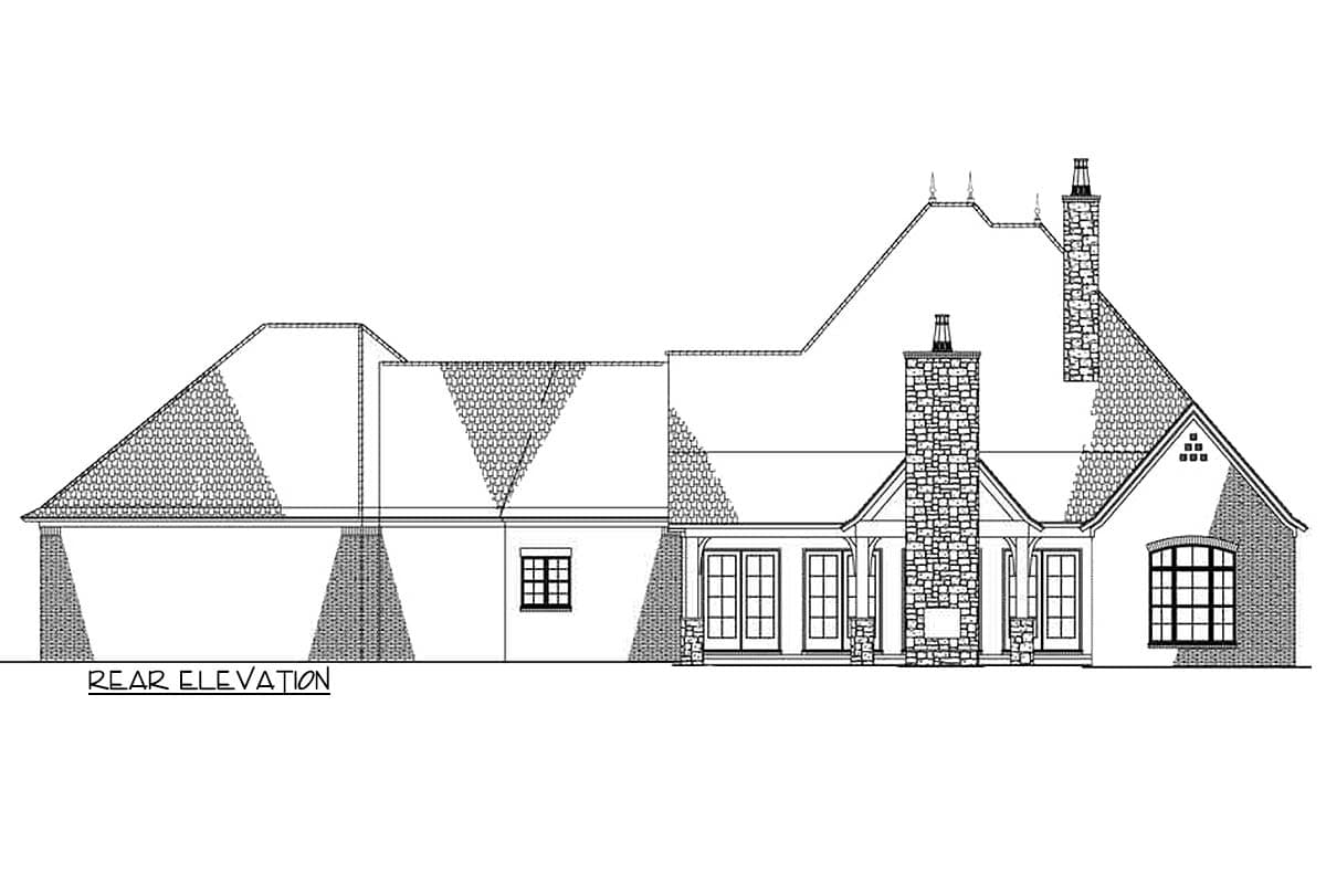 Rear elevation of a house plan featuring multiple gables, stone chimneys, double doors, and varied rooflines.