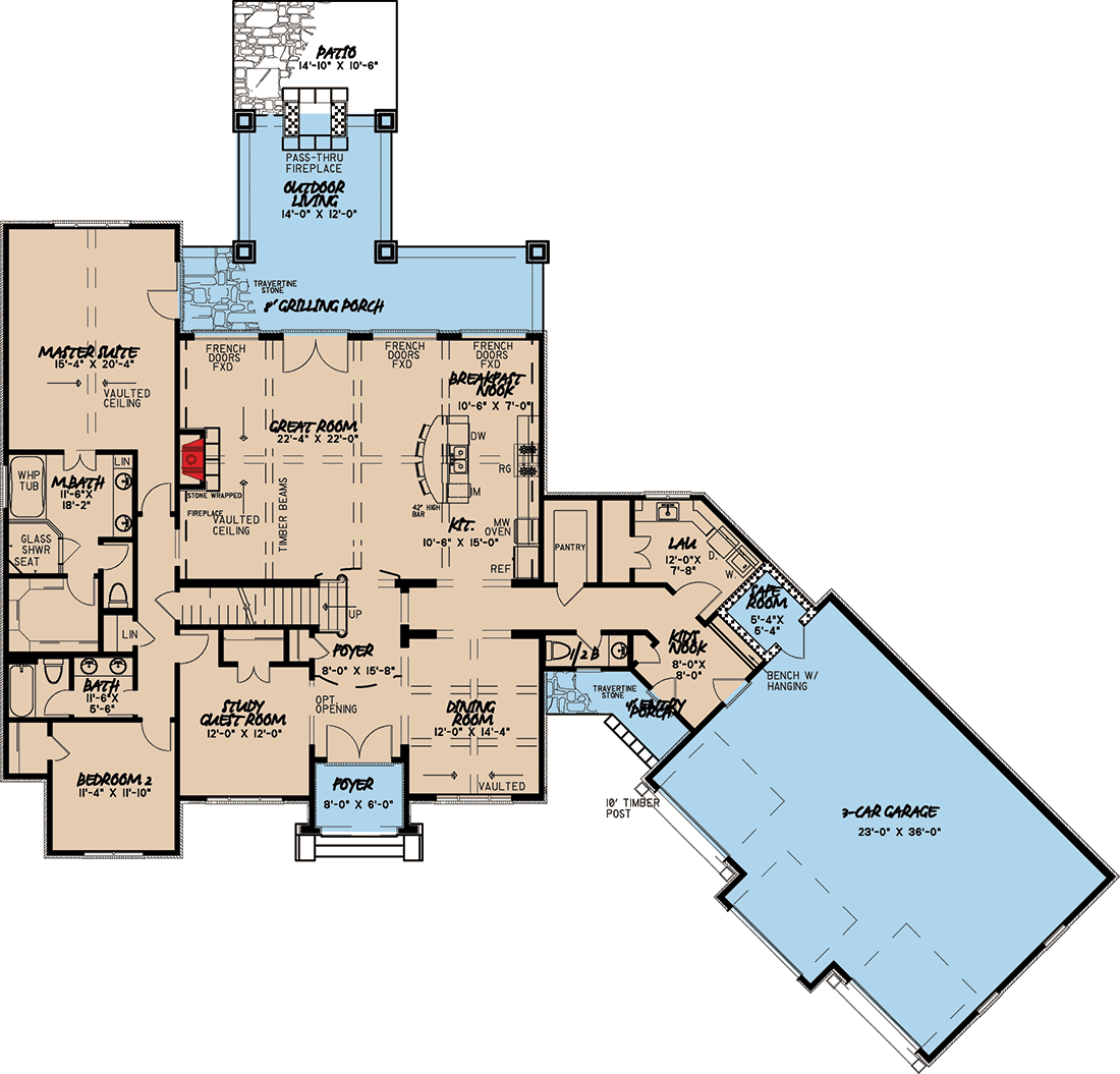 Plan 70560MK: French Country House Plan with Timber-Beamed Vaulted Ceilings - 3119 Sq Ft - Floor Plan - Main Level - European, French Country