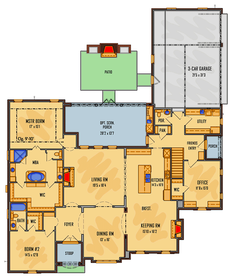 Plan 510004WDY: Southern House Plan with Fireplaced Patio In Back - 3579 Sq Ft - Floor Plan - Main Level - European, French Country, Southern
