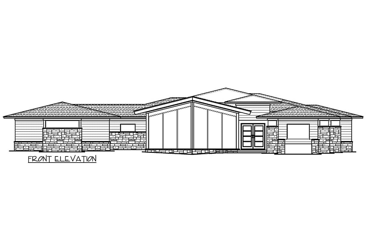 Front elevation drawing of a single-story house with a stone base, horizontal siding, and a multi-level roof.