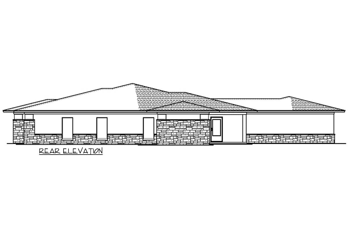 Rear elevation drawing of a single-story house with stone skirting, multiple windows, and a prominent hipped roofline.
