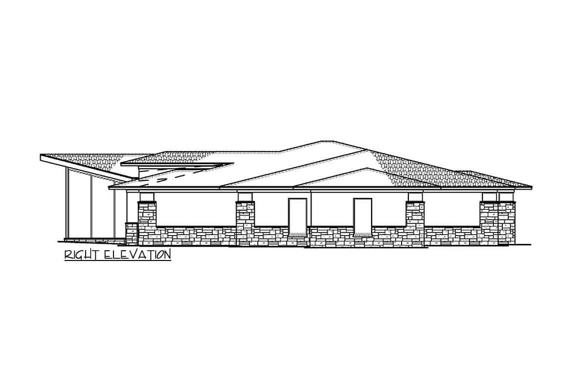 Right elevation of a single-story house plan featuring stone accents, a covered porch, and a modern roofline.