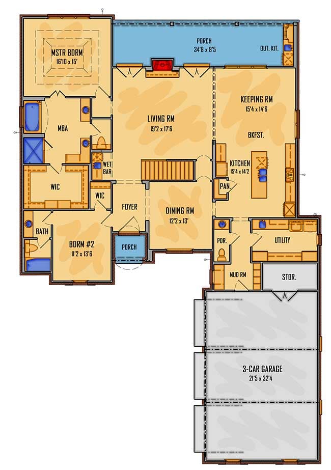 Plan 510009WDY: European Style 4-Bedroom House Plan with Bunk Room Upstairs - Floor Plan - Main Level - European, French Country, Traditional