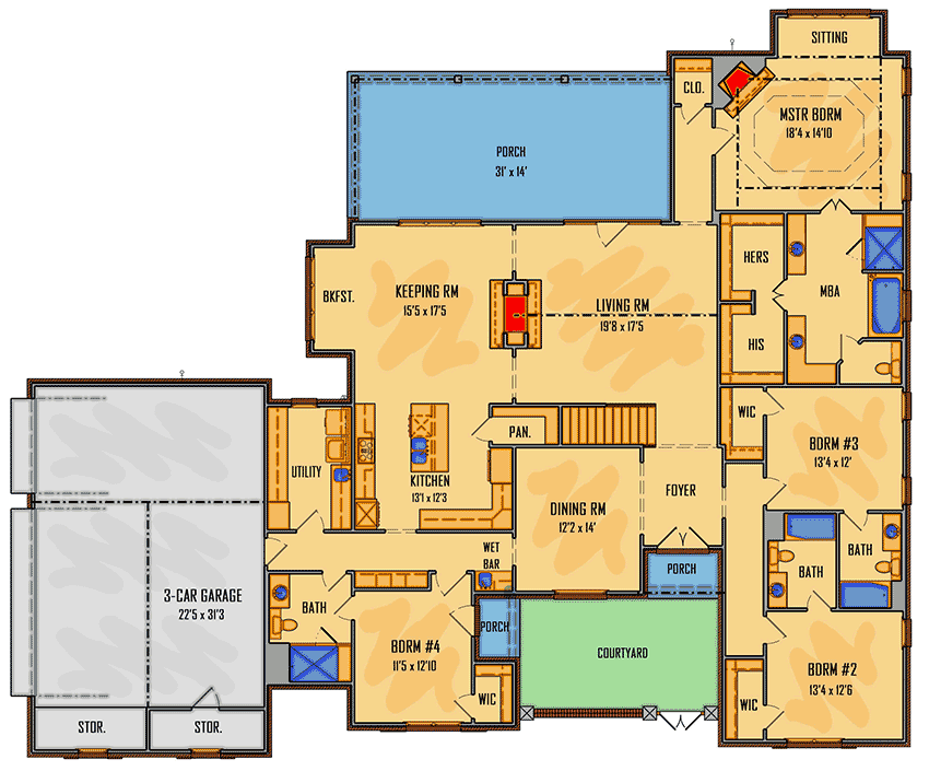 Plan 510008WDY: Gracious European House Plan with Front Courtyard - Floor Plan - Main Level - Acadian, Country, European, French Country, Southern, Traditional