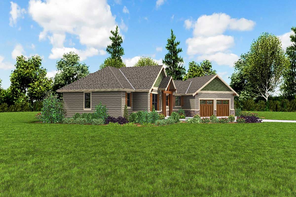 House plan exterior: Ranch style, single-story with gabled dormers, covered entry with wooden posts, and a two-car garage.