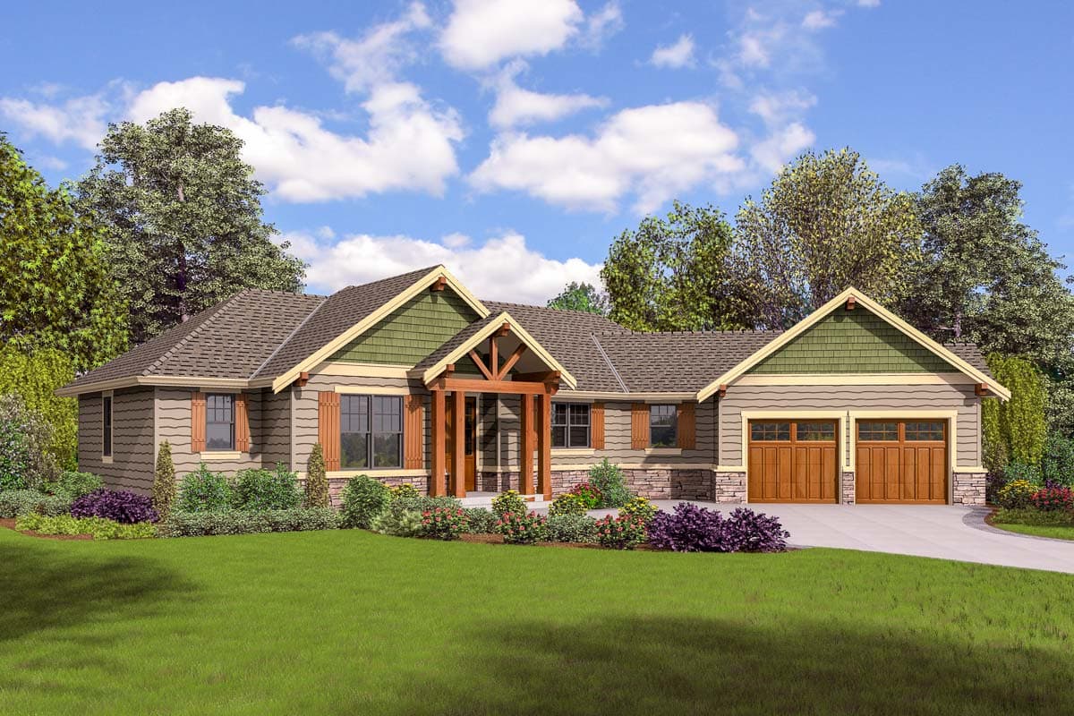 House plan exterior. Craftsman style, one story home with front porch, gables, and attached two-car garage with gabled roof.