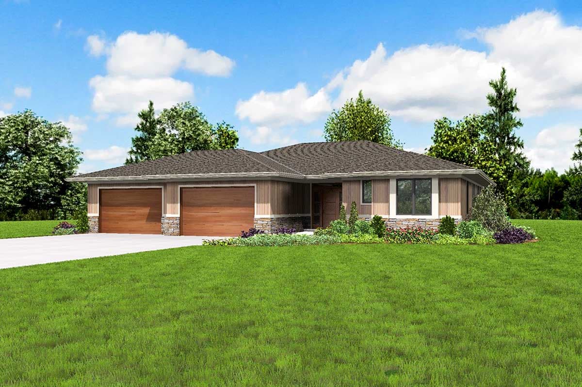 House plan exterior: Ranch style, single story with a three-car side-entry garage, stone accents, and horizontal siding.