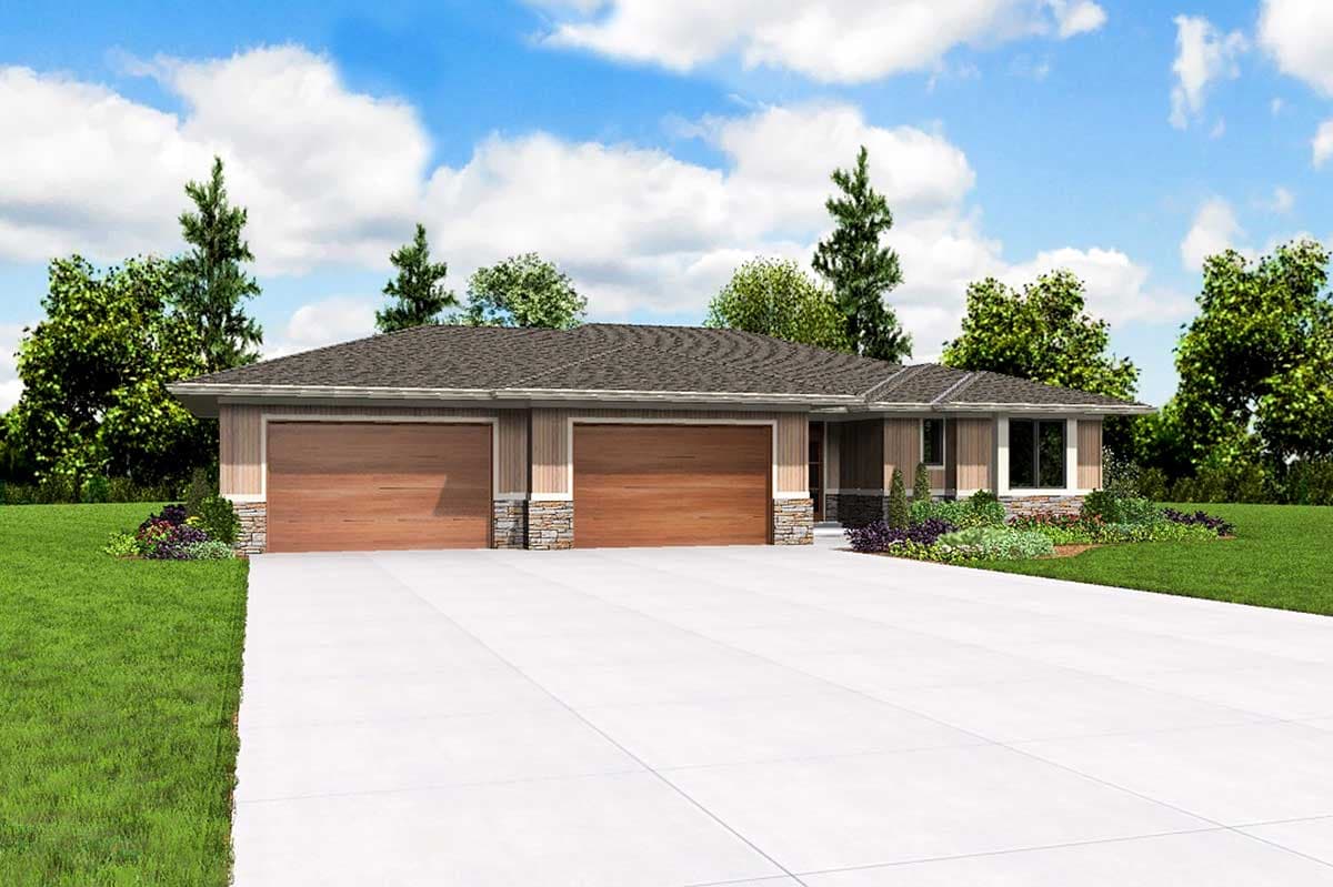 House plan exterior: Single-story Modern Farmhouse with a three-car garage, stone accents, and a low-pitched roof.