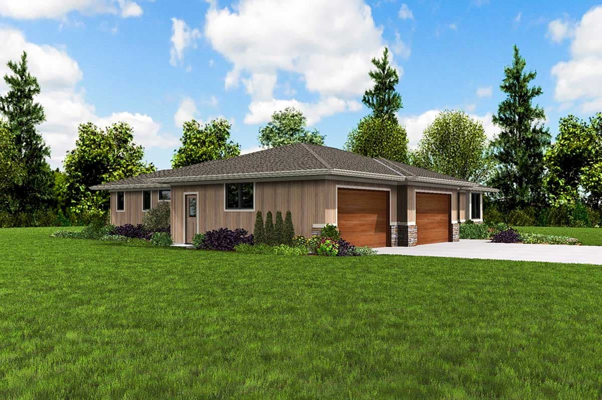 Ranch house plan exterior with horizontal siding, a low-pitched hip roof, and a triple-car garage.
