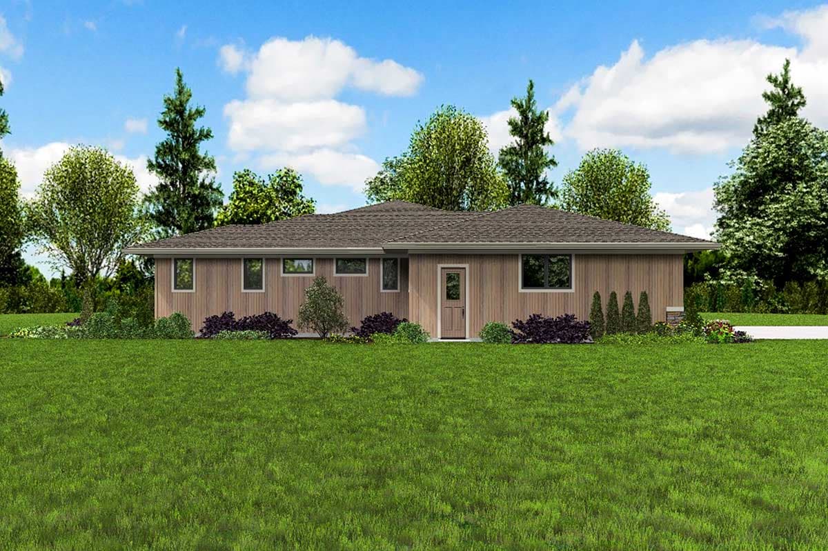 Ranch style house plan exterior with horizontal siding, a low-pitched gable roof, and a central entry door.